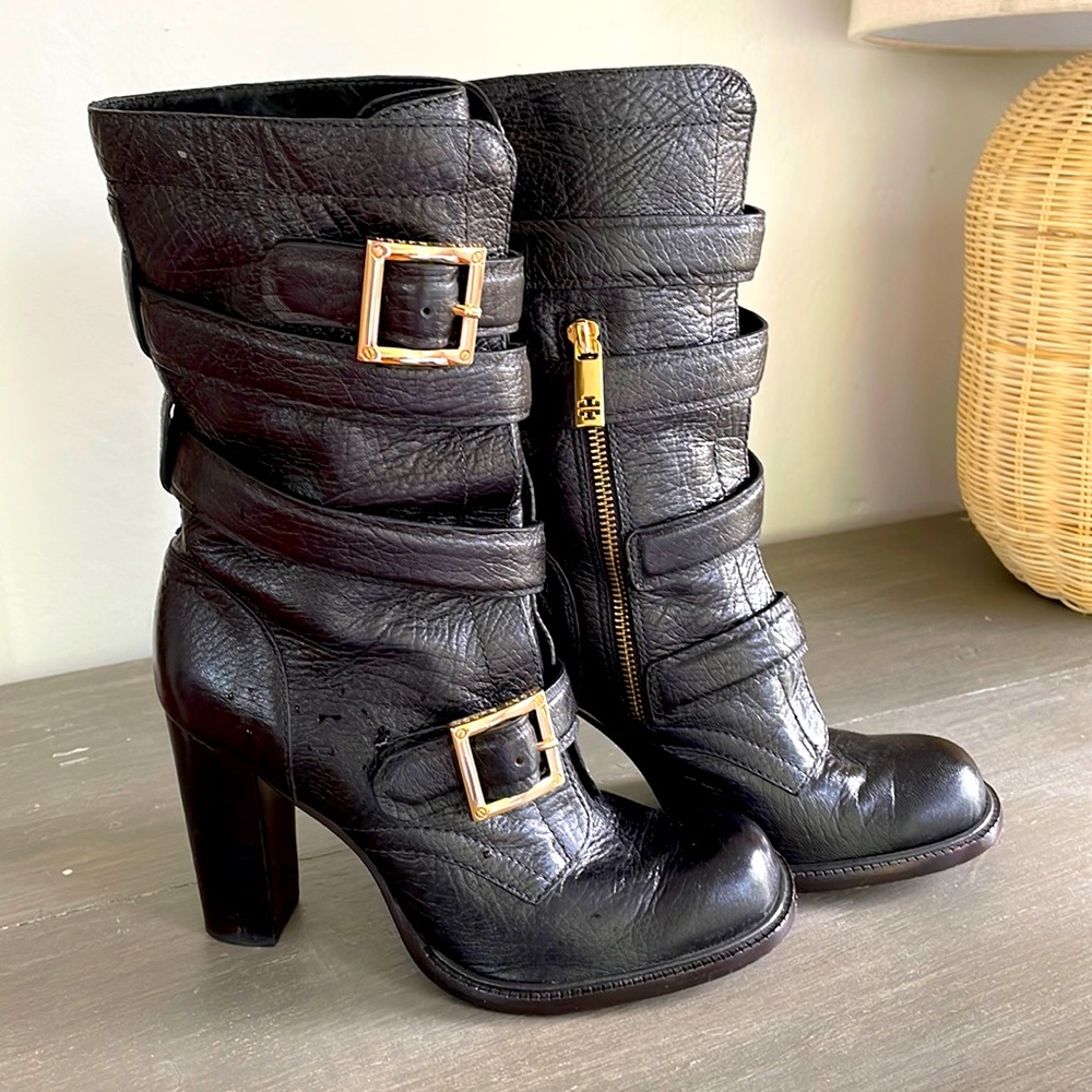 Tory Burch block heel Moro boots double gold buckle. Size 8